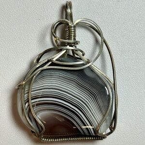 Artisan Sterling Silver Banded Agate Natural GemStone Wrapped 925 Wire Pendant